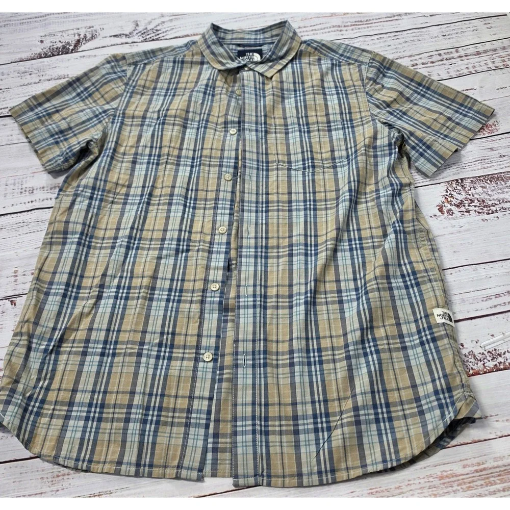 The North Face Button Up Shirt Mens L Blue Tan Excellent Plaid Short Sleeve